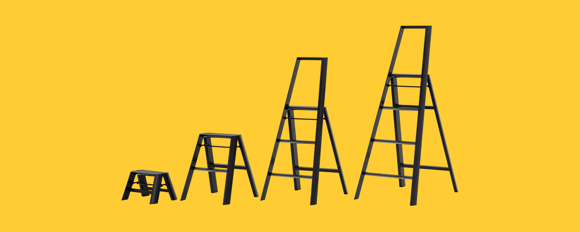 Hasegawa ladders zwart van klein naar groot op een gele achtergrond