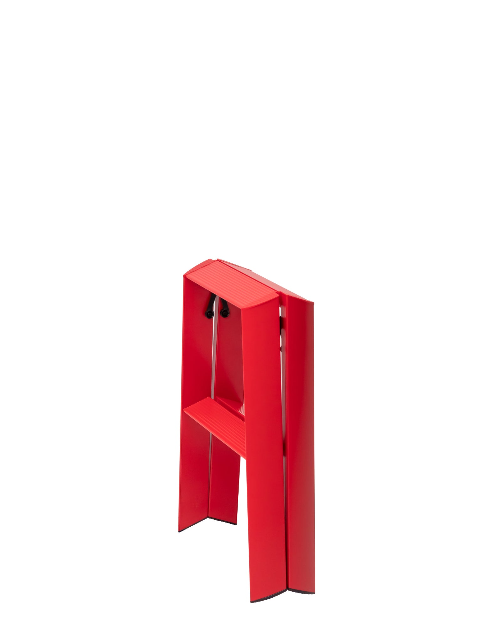 Zijnaanzicht compacte rode opstapladder met twee treden